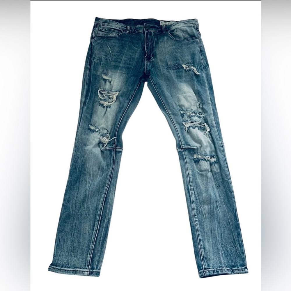 Smoke Rise Jeans Mens 36 X 32 Blue Straight Leg Distressed Mid Rise Stretch